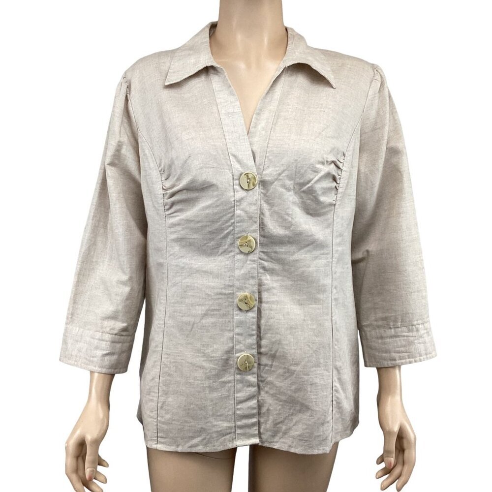 Harvé Benard Womens Beige Linen Blend Button-Up Shirt‎ Size Large